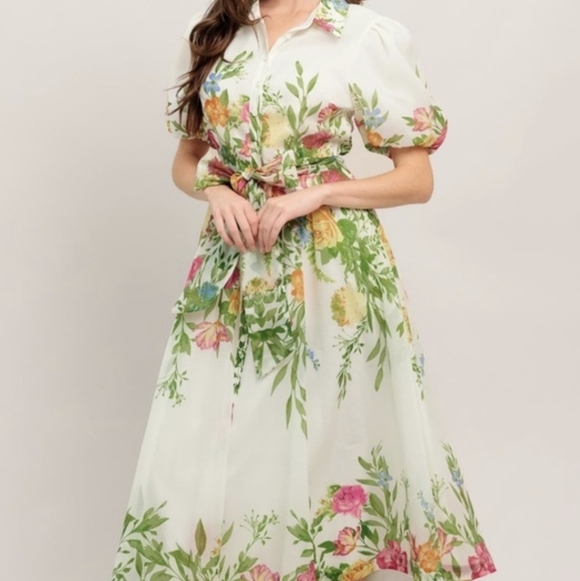 Floral Puff-Sleeve Shirt Midi Dress - White with Multi-Color Floral Print - Picture 6 of 7